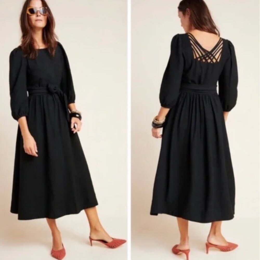 ✨🖤 Anthropologie The Odells Black 3/4 Sleeve Midi Dress waist tie belt